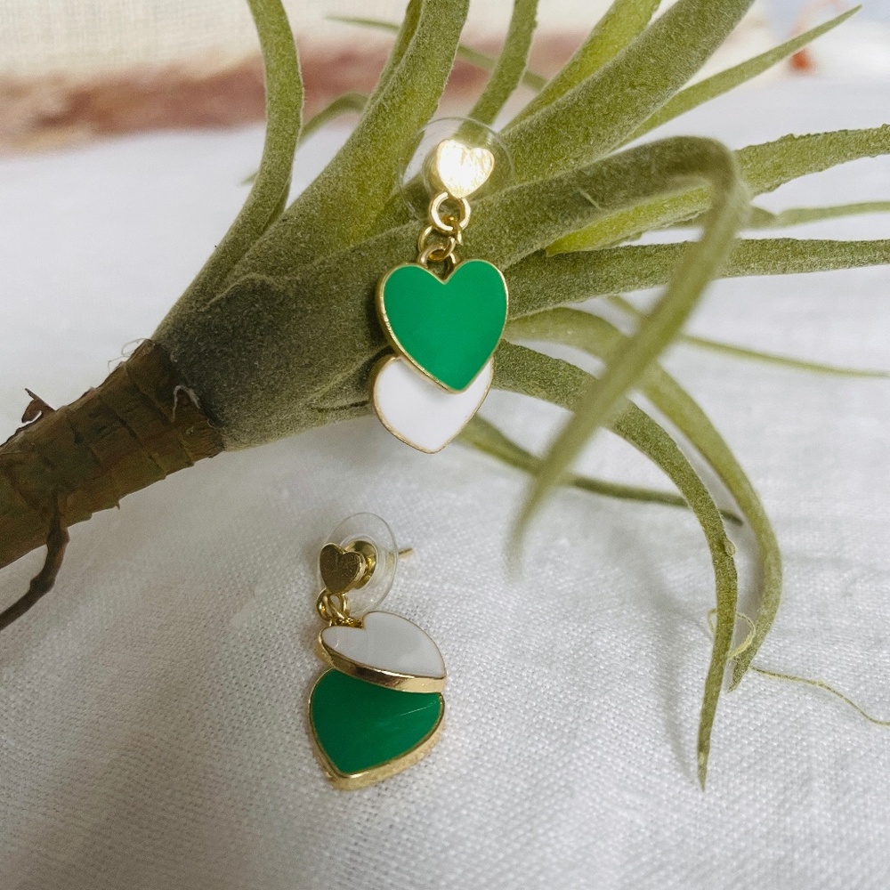 🌟Buy 2 Pair, Get One Free, NWT Green & White Double Heart Drop Dangle Earrings